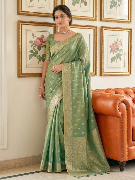 Anaita Green Woven Tissue Silk Saree With Blouse
