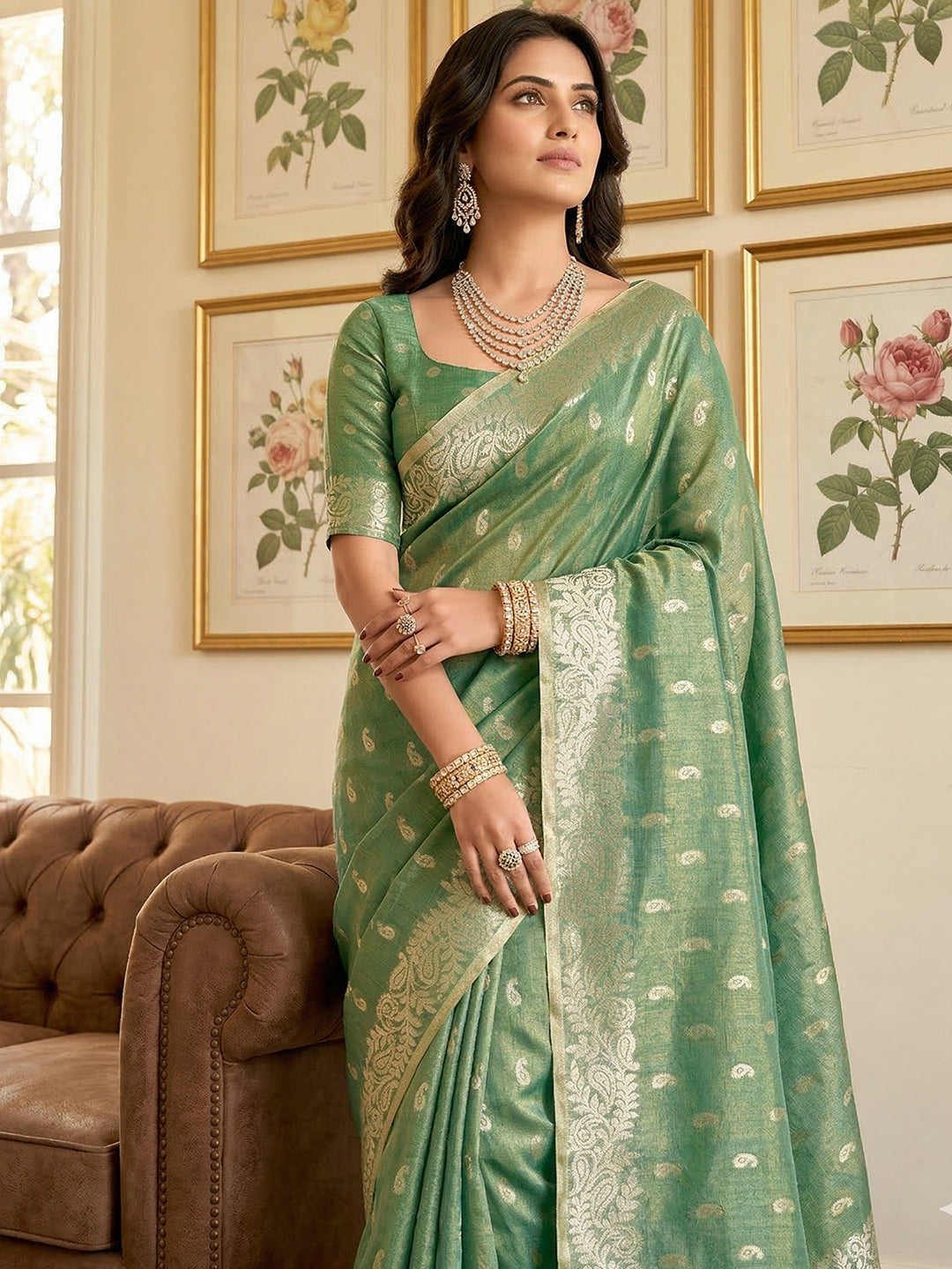 Anaita Green Woven Tissue Silk Saree With Blouse