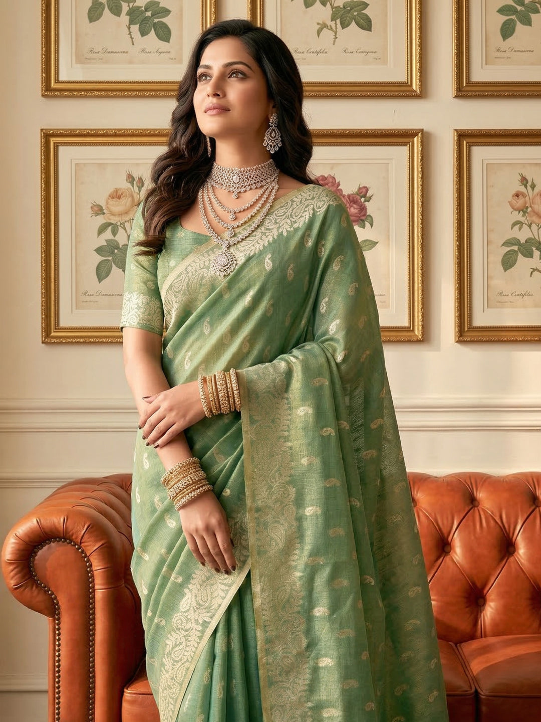 Anaita Green Woven Tissue Silk Saree With Blouse