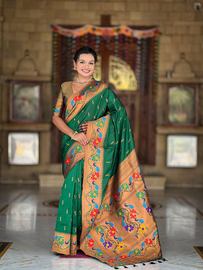 Mameraa Sarees Green Faux Banarasi Silk Saree With Paithani Rich Weaved Pallu And Blouse-Green