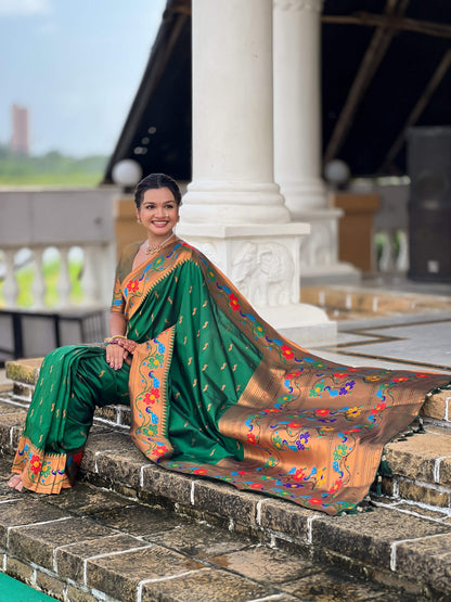 Mameraa Sarees Green Faux Banarasi Silk Saree With Paithani Rich Weaved Pallu And Blouse-Green