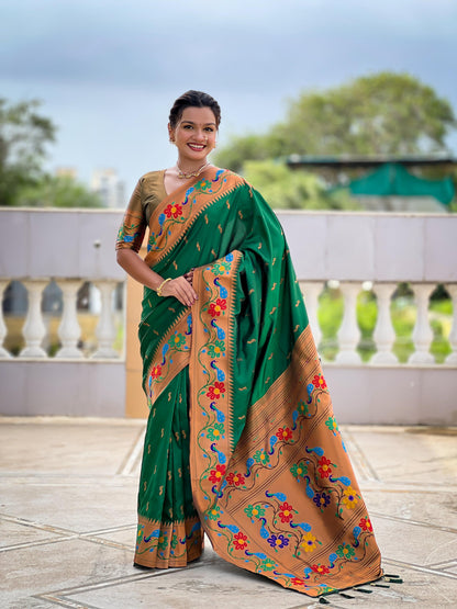 Mameraa Sarees Green Faux Banarasi Silk Saree With Paithani Rich Weaved Pallu And Blouse-Green