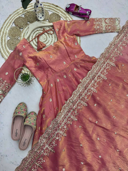 Teeya Creation Peach Festive Wear Heavy Border Anarkali Gown Suit