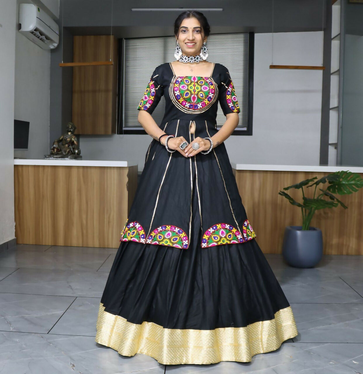 Yash Enterprise Black Rayon Cotton Embroidery Semi Stitched Navratri Top Chaniya Choli