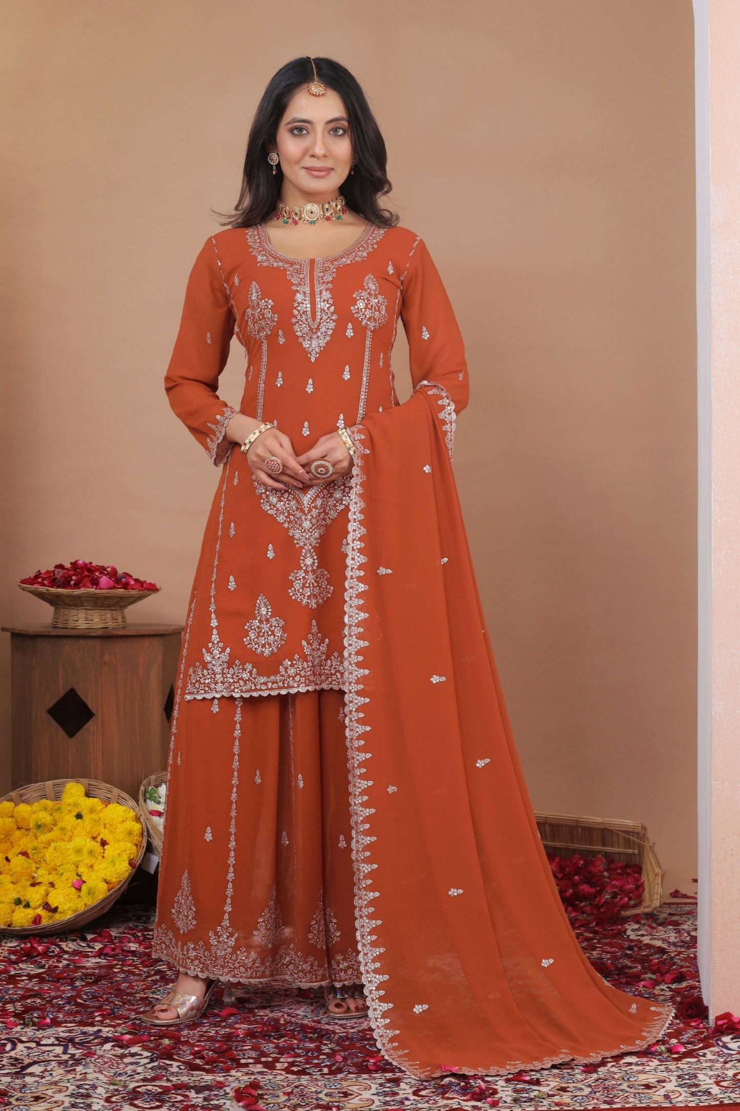 The52 Women's Gorgeous Embroidery Work Fox Georgette Fabric Straight Kurta Sharara and Dupatta Set-Orange