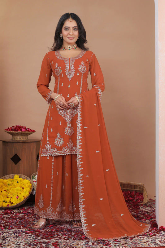 The52 Women's Gorgeous Embroidery Work Fox Georgette Fabric Straight Kurta Sharara and Dupatta Set-Orange