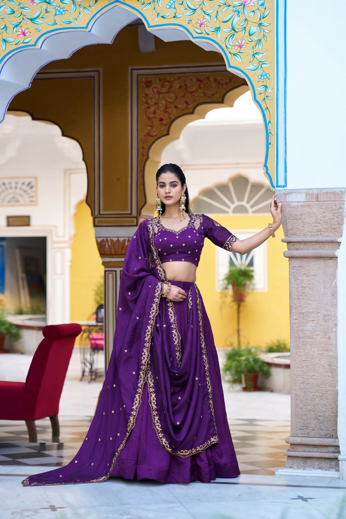 Lorenvalley Fashion Purple NC Silk Plain Lehenga Embroidery Work Choli with Dupatta