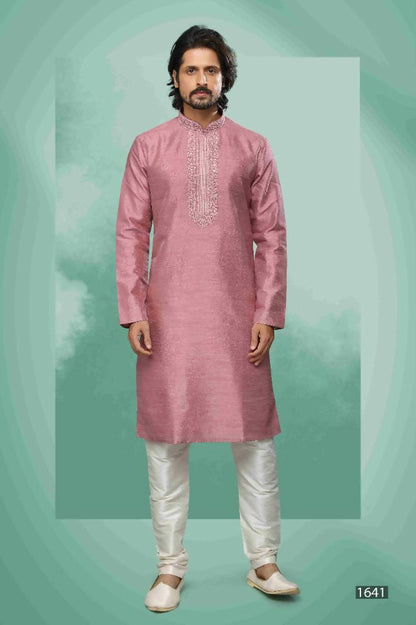 Raivat Ethnic Art Silk Mirror Embroidery Work Kurta Pajama In Pink Colour
