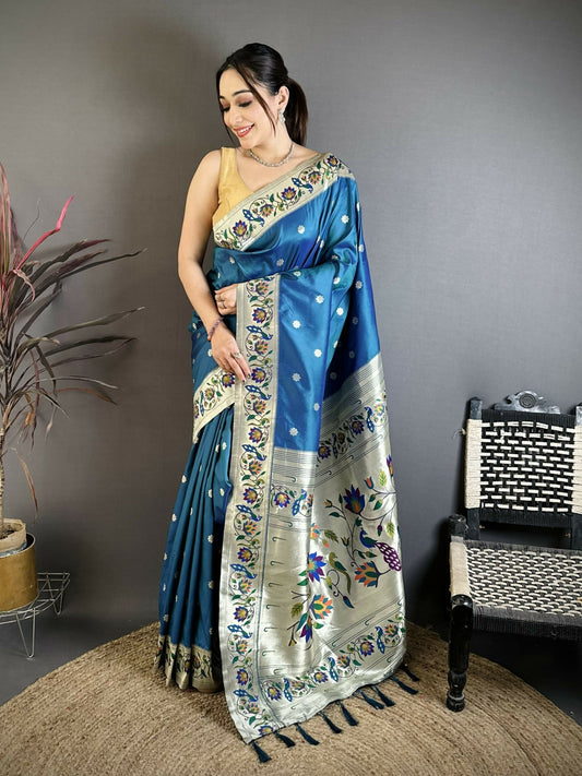 Prime Volt Premium Soft Silk Mayur Paithani Saree with Peacock Meena Weaving & Rich Pallu-Peacock Blue