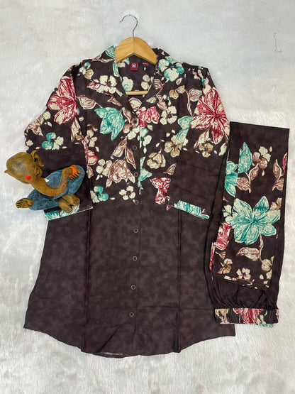Teeya Creation Women Chocolate Brown Floral Printed Shirt And Trousers Co-Ord Set