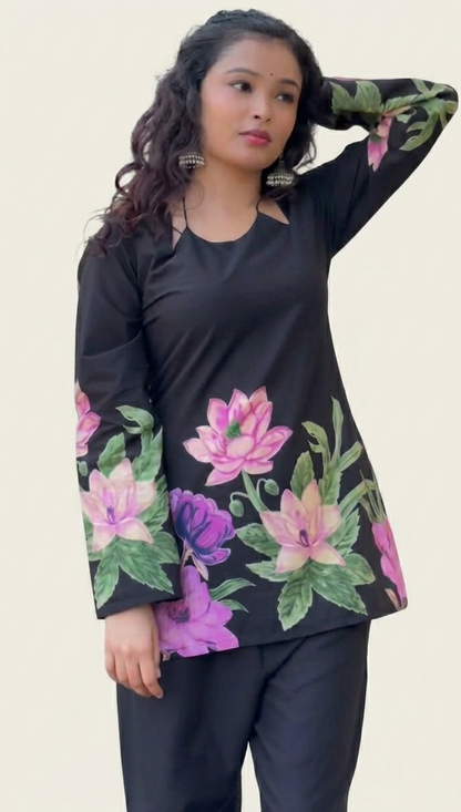 Jaitra Apparels Black Pichwai Print Pure Cotton Cord set with Back Dori and Halter Neck Dori