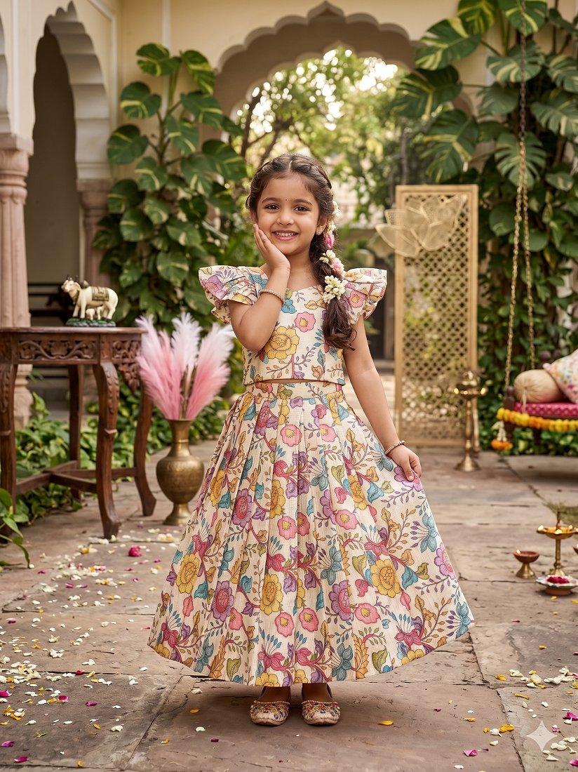 Evanik White Kota Chex Fabric With Floral Printed Kids Lehenga Choli