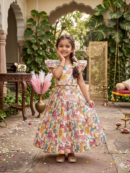 Evanik White Kota Chex Fabric With Floral Printed Kids Lehenga Choli