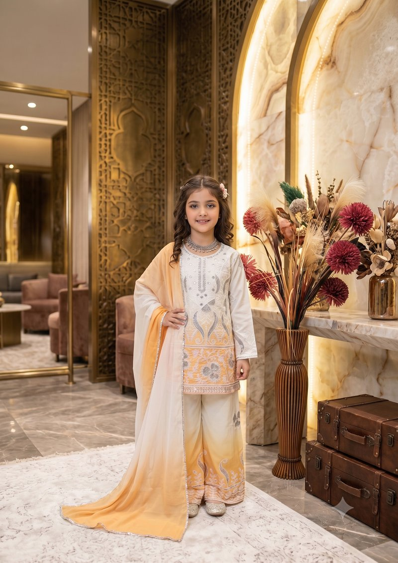 Evanik Yellow Designer Party Wear Heavy Natural Crepe Kids Top Palazzo & Dupatta Set