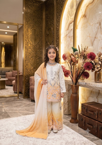 Evanik Yellow Designer Party Wear Heavy Natural Crepe Kids Top Palazzo & Dupatta Set