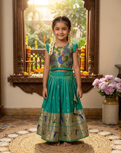 Evanik Designer Bottlegreen Soft Silk Paithani Design Lehenga Choli For Girls-Party & Ethnic Wear