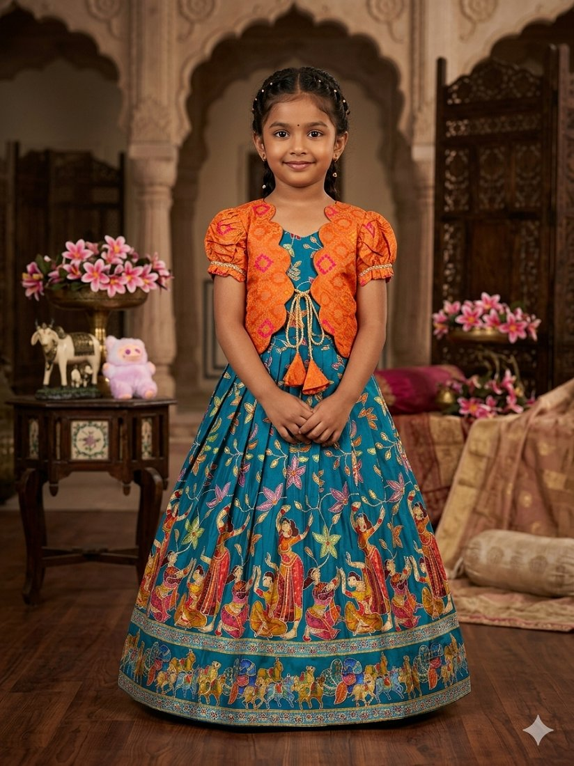 Evanik Blue Designer Viscose Natural Crepe Position With Kalamkari Work Gown Koti for Kids