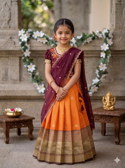 Evanik Maroon Vichitra Silk Zari With Heavy Maggam Work Kids Half Saree