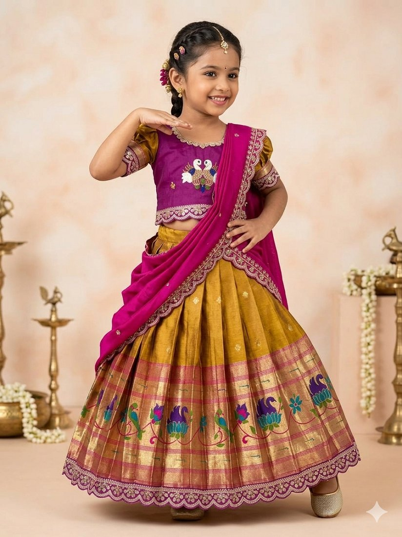 Evanik Pink Kids Paithani Simmer Silk Zari Weaving Pavadai Lehenga Choli Set