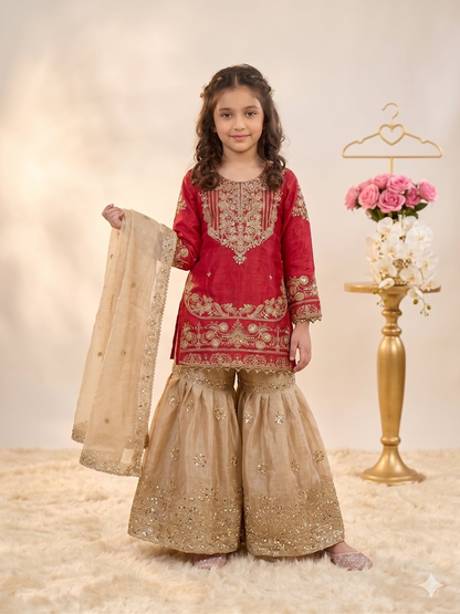 Evanik Red Girls Embroidered Silk Kurta With Sharara And Dupatta Set