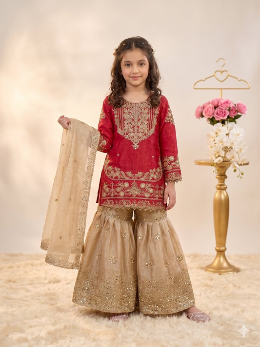 Evanik Red Girls Embroidered Silk Kurta With Sharara And Dupatta Set