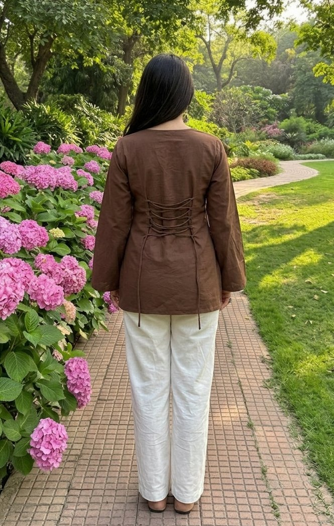 Jaitra Apparels Pure Cotton Solid Brown Kurti with Back Dori