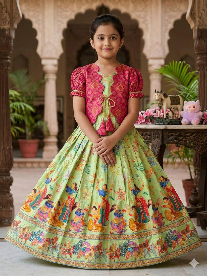 Evanik Green Designer Viscose Natural Crepe Position With Kalamkari Work Gown Koti for Kids