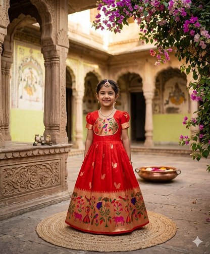 Evanik Red Soft Paithani Silk Zari Weaving Birds Pattern Kids Gown