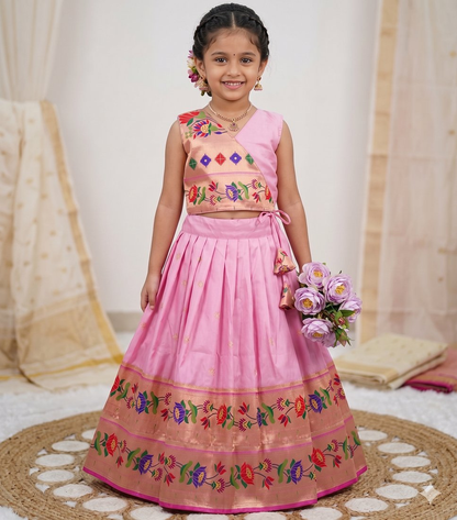 Evanik Pink Kids Paithani Silk Lotus Pattern Lehenga Choli