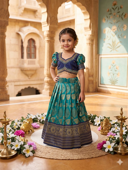 Evanik Teal Blue Pure Silk Zari With Heavy Maggam Work Lehenga Choli for Kids