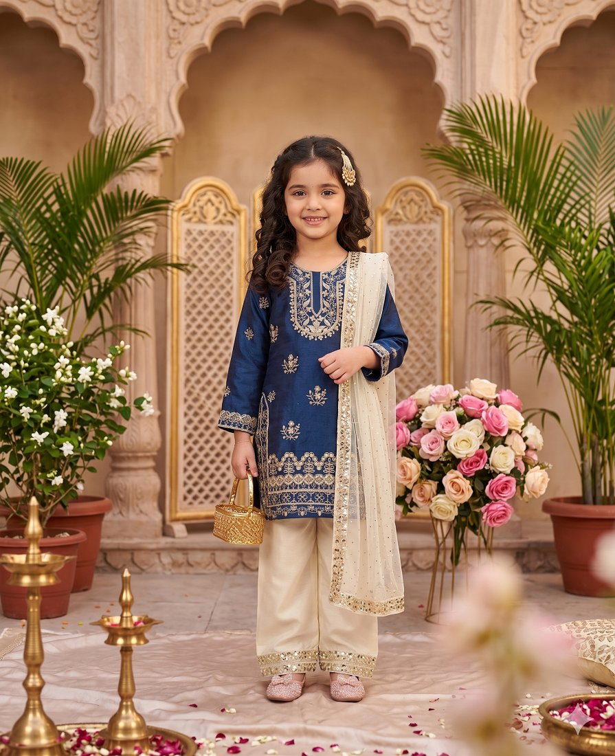 Evanik Traditional Royal Blue & Gold Embroidered Girls' Festive Suit