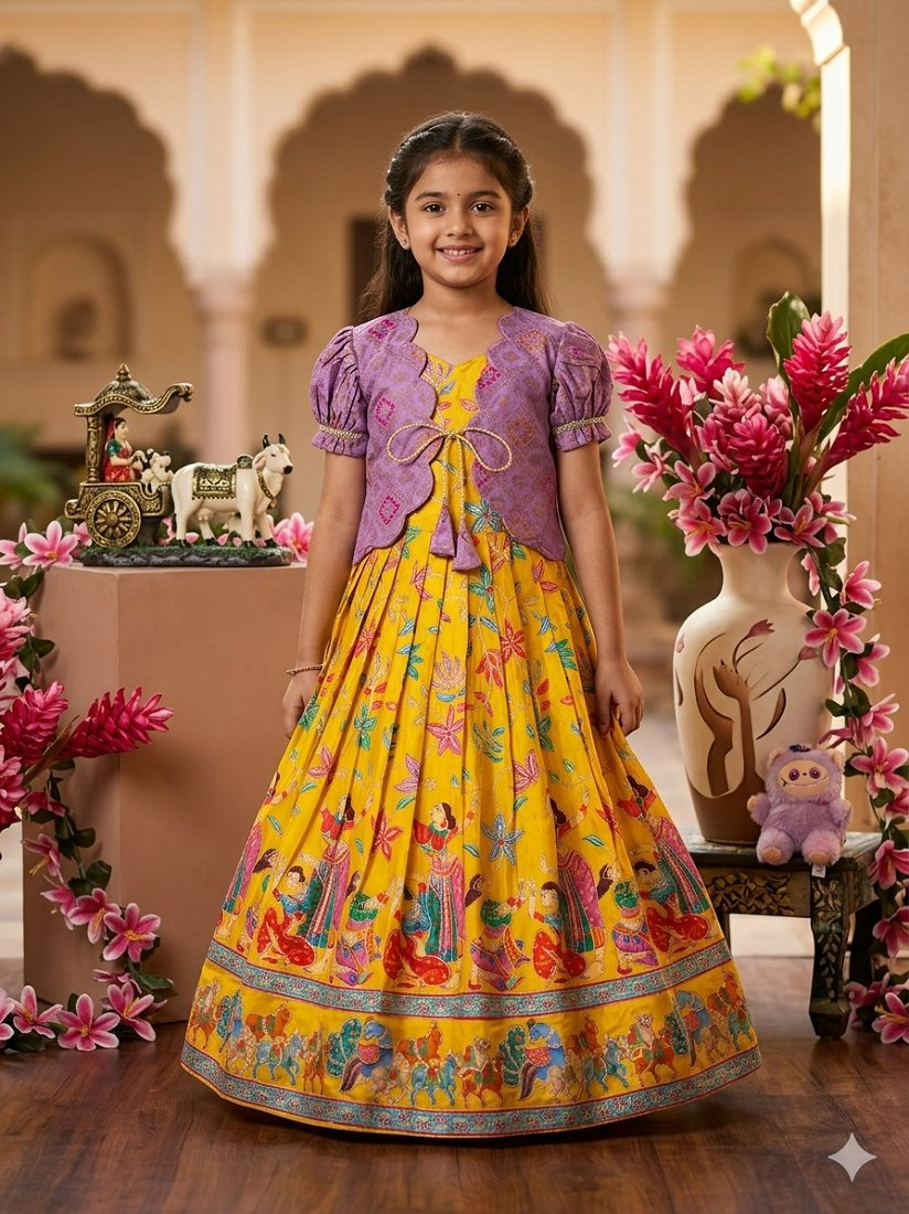 Evanik Yellow Designer Viscose Natural Crepe Position With Kalamkari Work Gown Koti for Kids