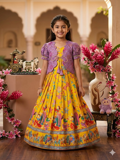 Evanik Yellow Designer Viscose Natural Crepe Position With Kalamkari Work Gown Koti for Kids
