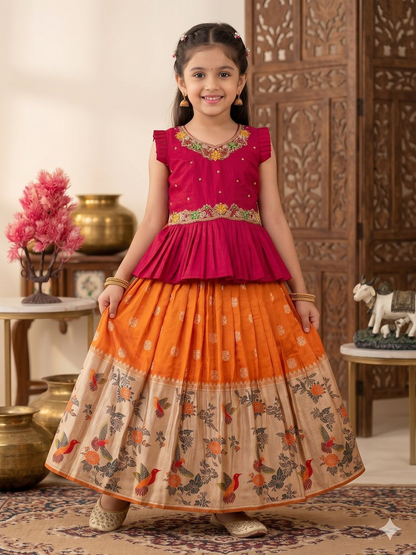 Evanik Pink Soft Khadi Georgette With Beutifull Handwork Kids Lehenga Choli