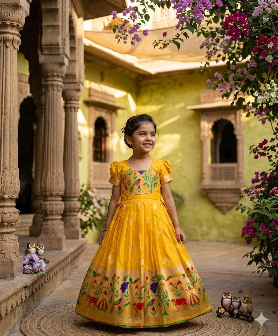 Evanik Yellow Soft Paithani Silk Zari Weaving Birds Pattern Kids Gown