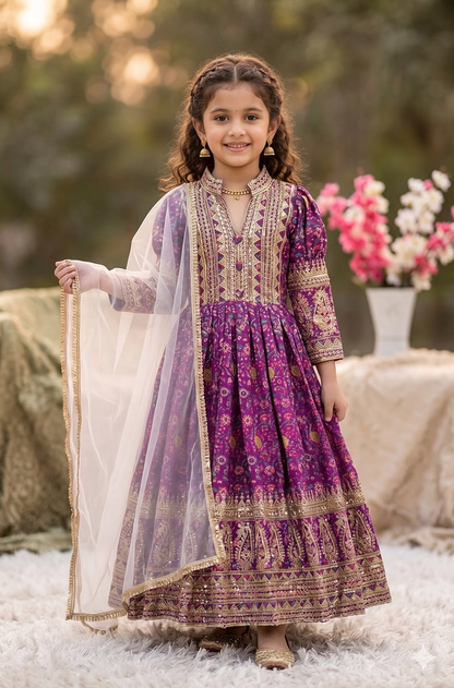 Evanik Purple Kids Chinon Silk Digital Print With Embroidered Work Wedding Gown
