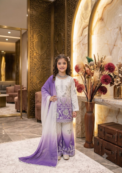 Evanik Purple Designer Party Wear Heavy Natural Crepe Kids Top Palazzo & Dupatta Set