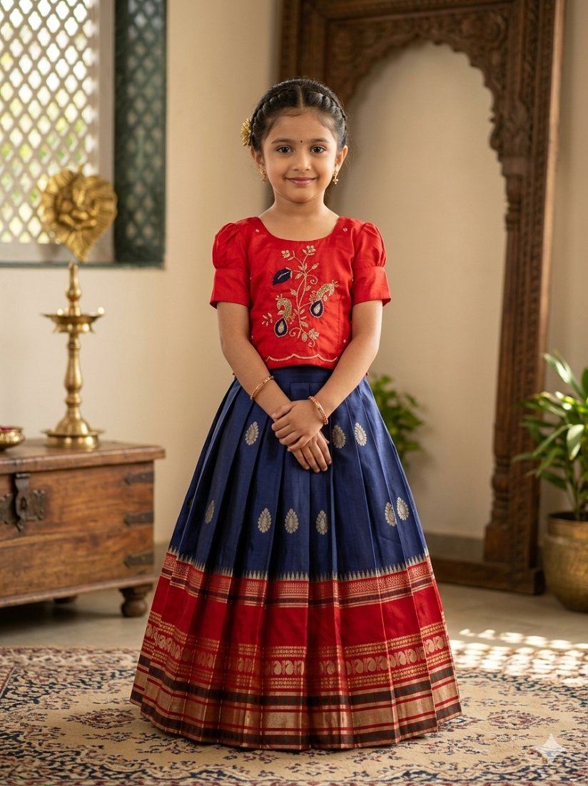Evanik Red Kids Silk Zari Weaving Work Lehenga Choli
