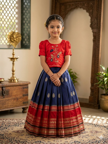 Evanik Red Kids Silk Zari Weaving Work Lehenga Choli