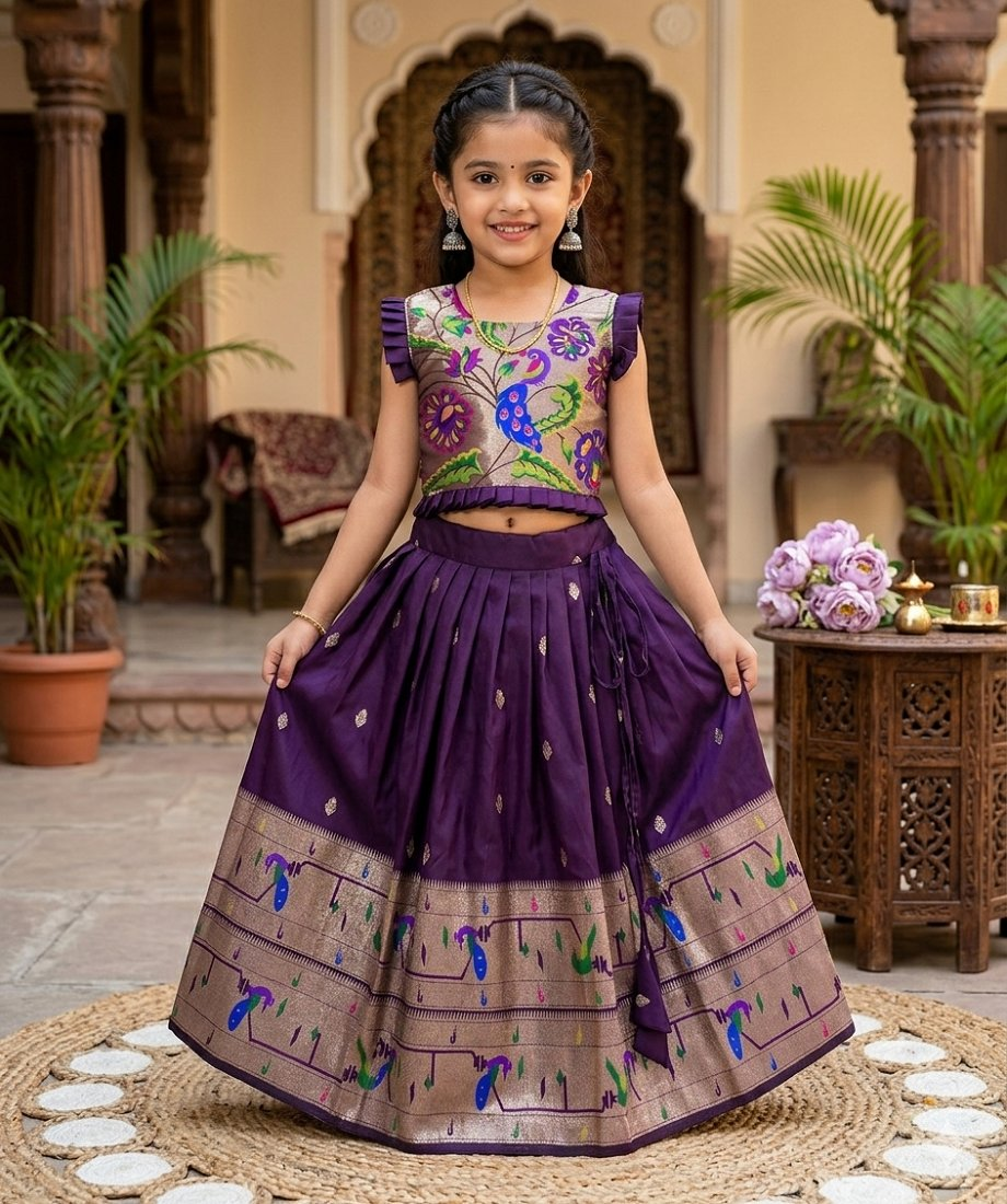 Evanik Designer Wine Soft Silk Paithani Design Lehenga Choli For Girls-Party & Ethnic Wear