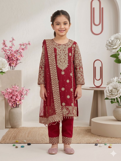 Evanik Elegant Maroon Georgette Embroidered Work Girls' Salwar Suit Set