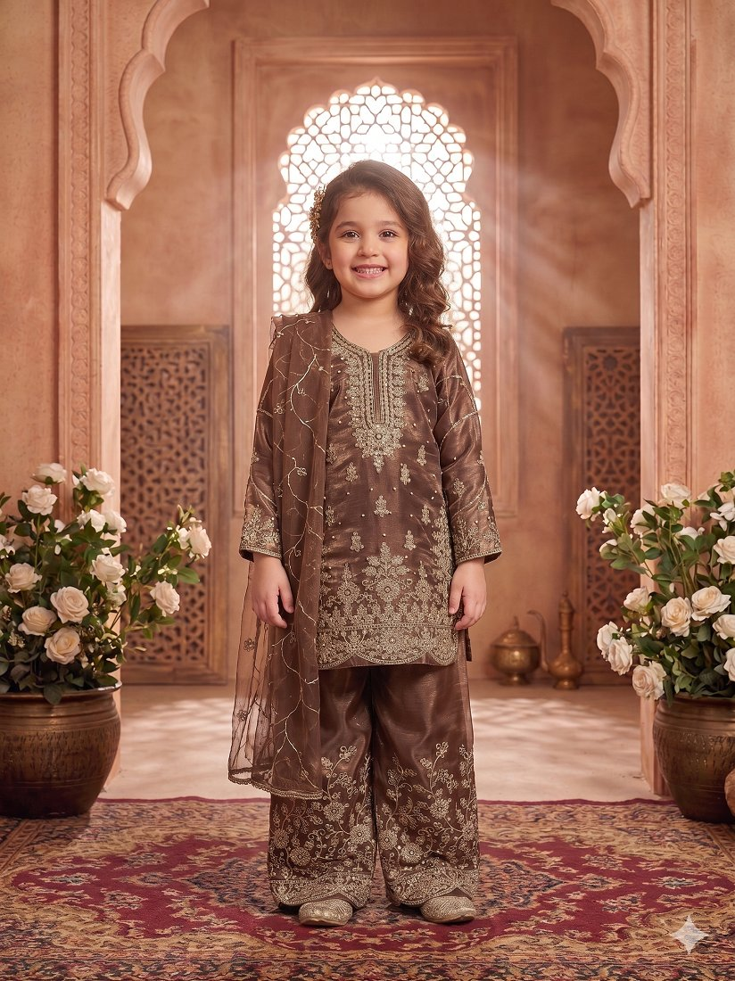 Evanik Brown Designer Wedding Embroidered Work Kids Palazzo Set