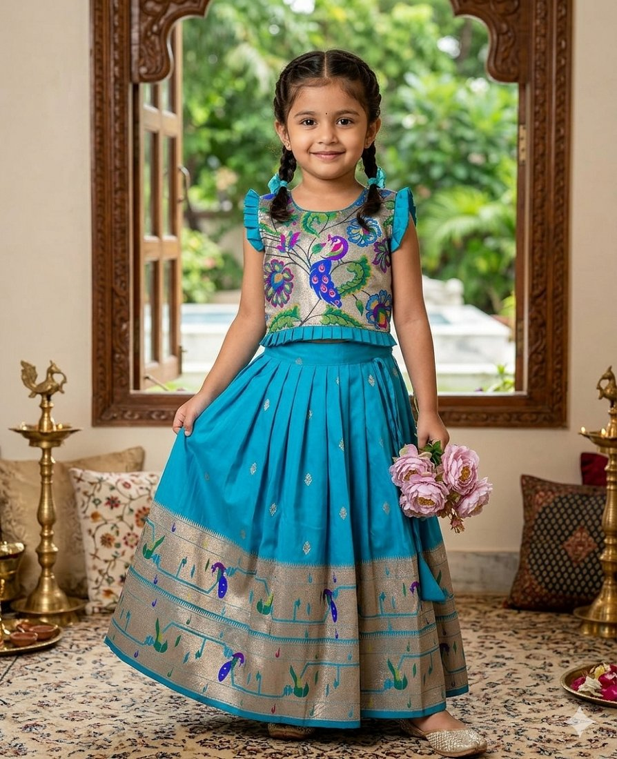 Evanik Designer Firozi Blue Soft Silk Paithani Design Lehenga Choli For Girls-Party & Ethnic Wear
