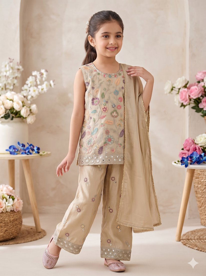 Evanik Girls' Beige Embroidered Kurta With Palazzos & Dupatta Set - Ethnic Festive Wear
