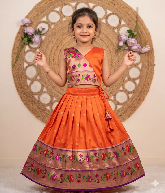 Evanik Orange Kids Paithani Silk Lotus Pattern Lehenga Choli