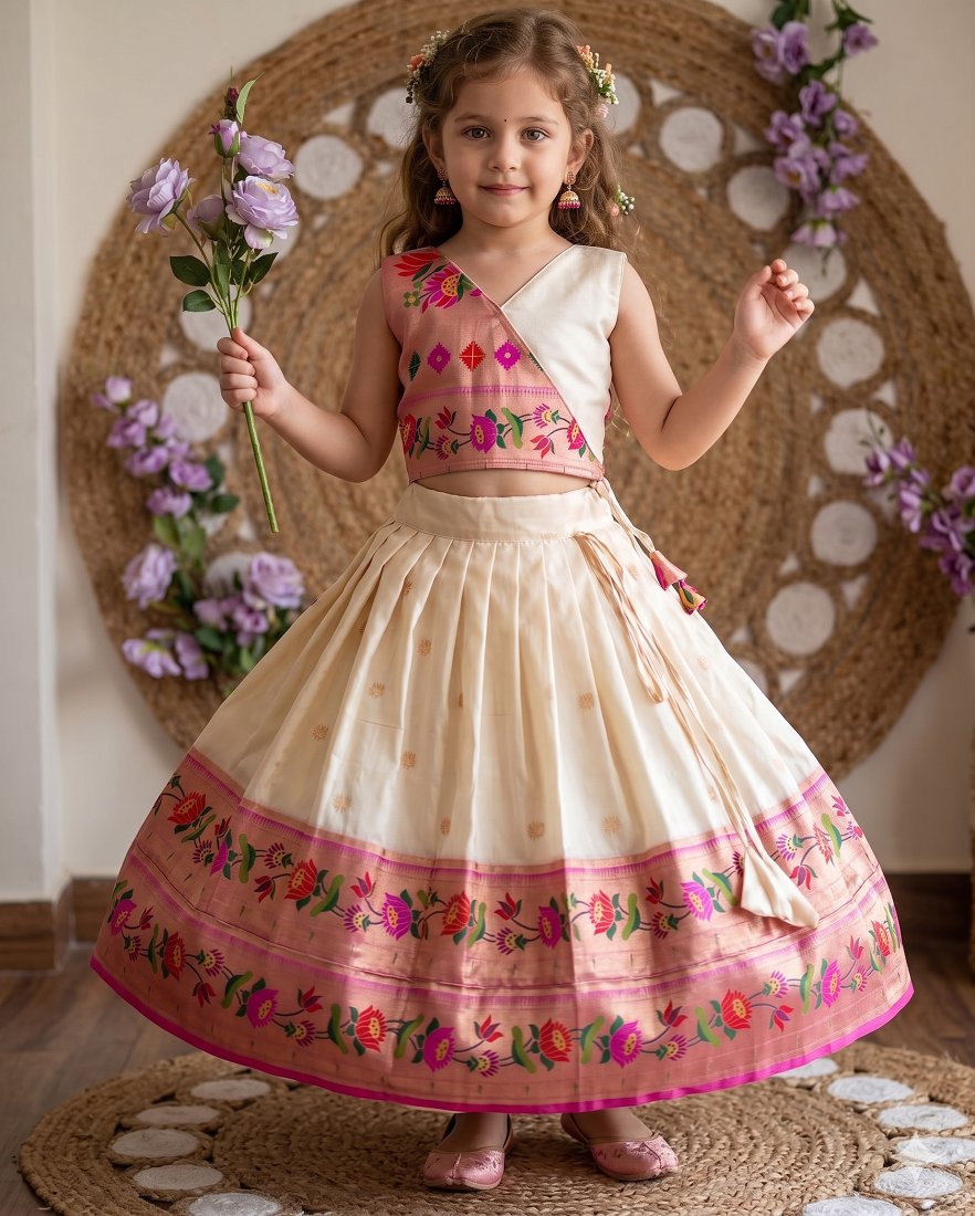 Evanik White Kids Paithani Silk Lotus Pattern Lehenga Choli
