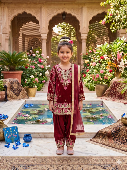 Evanik Maroon Girls Maroon Silk Embroidered Kurta Farshi Palazzo Set With Dupatta - Festive Wear