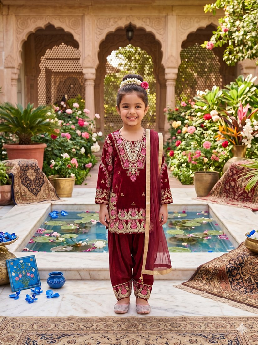Evanik Maroon Girls Maroon Silk Embroidered Kurta Farshi Palazzo Set With Dupatta - Festive Wear