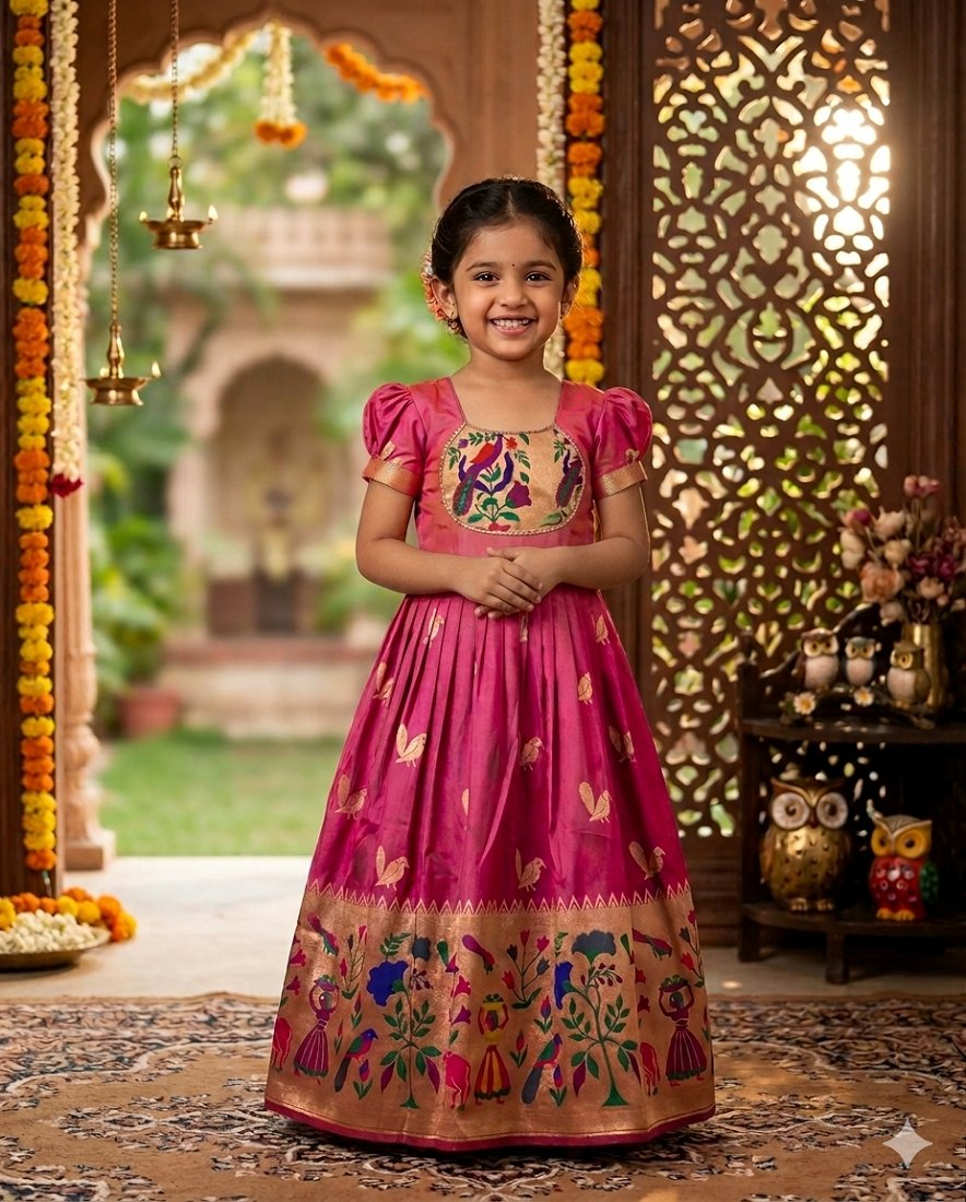 Evanik Pink Soft Paithani Silk Zari Weaving Birds Pattern Kids Gown