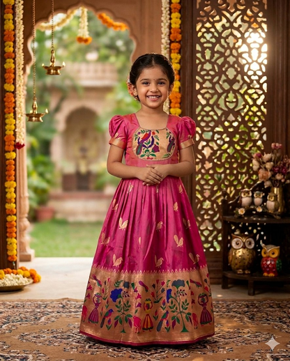 Evanik Pink Soft Paithani Silk Zari Weaving Birds Pattern Kids Gown